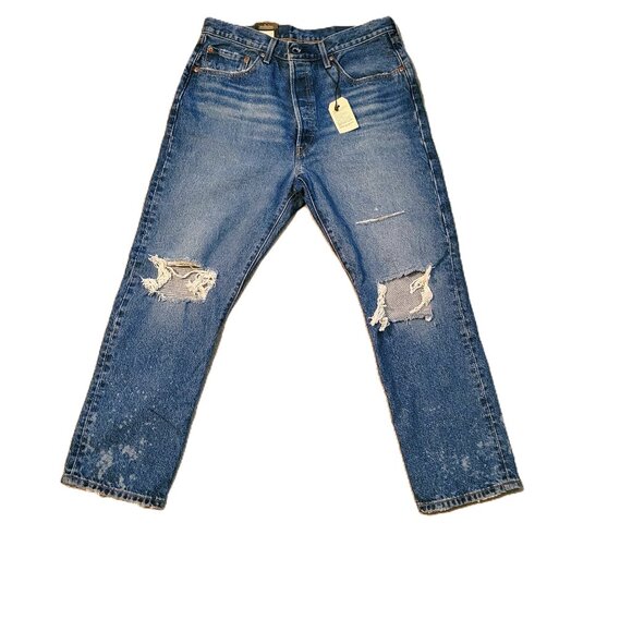 Levi’s 501 Original Cropped High Rise Distressed Jeans Unisex Size 32x28 - Picture 1 of 16